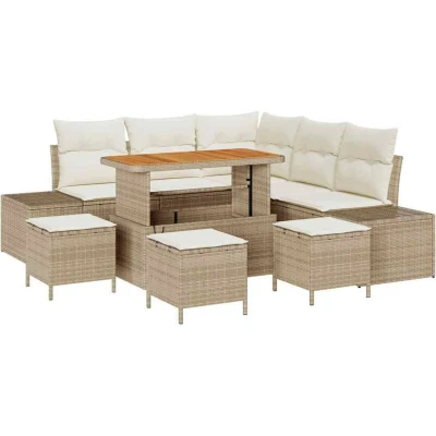 Image of vidaXL 9 Piece Garden Sofa Set with Cushions Beige Poly Rattan Acacia