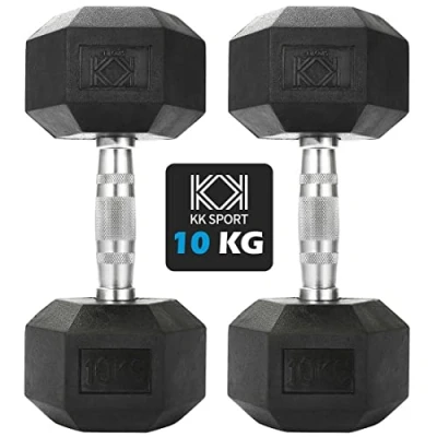 Image of KK Hex Dumbbell Set. 4kg, 6kg, 8kg, 10kg,12kg,14kg. Weights For Weight Training. Cast Iron Chrome Dumbbells. Rubber Ends &amp; Knurled Handles. Sculpting (2 X 10KG)