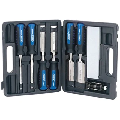 Image of Draper Expert 140mm 8 Piece Wood Chisel Set Woodworking Hand Tools Aluminium Oxide Sharpening Stone 6 to 38mm Blades Carving Tool Impact Resistant Soft Grip Honing Guide 88605