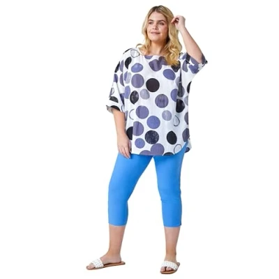 Image of Roman Originals Plus Size Cropped Trousers for Women UK Ladies Curve Capri Leggings Summer Pants Short Crop Stretch 3/4 Length Three Quarter Pedal Pusher Clothes Elasticated Light Denim 20
