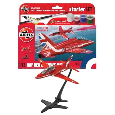 Image of Airfix Starter Set A55002 Red Arrows Hawk Model Building Kit Plastic Plane Kits for Adults &amp; Children 8+, Includes Decals, Acrylic Paints, Brushes Poly Cement 1:72 Scale