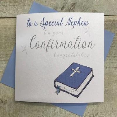 Image of WHITE COTTON CARDS SPECIAL NEPHEW, ON YOUR CONFIRMATION GREETING CARD, BLUE BIBLE DESIGN. HAND FINISHED (N90 NEP)