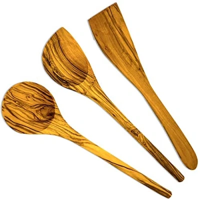 Image of Premium Olive Wood Kitchen Spoon Set of 3 Round with Corner and Spatula