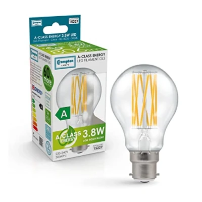 Image of Crompton Lamps Ultra Efficient LED Filament Light Bulb GLS 3.8W BC B22 Bayonet A Class Warm White Clear (60W Equivalent)