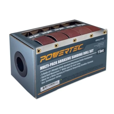 Image of POWERTEC 4RA2100 Boxed Abrasive Sanding Rolls for Automotive/Woodworking Sandpaper Dispenser Box with 5 Includes Assorted Grits 150/240/ 320/400/ 600,1&quot; x 20 Ft
