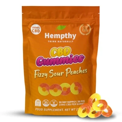 Image of Hempthy CBD Gummies 300mg Total Cannabidiol, THC Free Edible Gummies, High Strength Hemp for Pain Relief, Stress &amp; Better Sleep 10mg x Gummy Fizzy Sour Peach Rings!