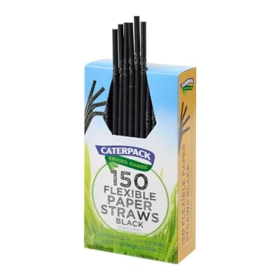 Image of Caterpack Enviro Range Black Flexi Paper Straws 150 Pack, 210 x 6mm, Fully Recyclable, Biodegradable and compostable. Strong &amp; Sustainable.