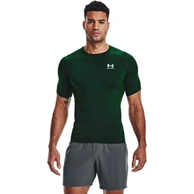 Image of Under Armour Men&#039;s HeatGear Compression Short Sleeve T Shirt, Forest Green (301) / White, 3XL