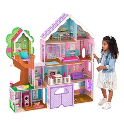 Image of KidKraft Treehouse Retreat Wooden Dolls House with Furniture and Accessories Included, 4 Storey Play Set a Dog, Garage Lift for 30 cm/12 Inch Dolls, Kids&#039; Toys, 10108