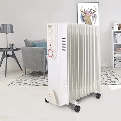Image of NRG 2.5KW Oil Filled Radiator 11 Fins Portable Electric Heater Built in Timer Adjustable Thermostat Safety Cut Off White