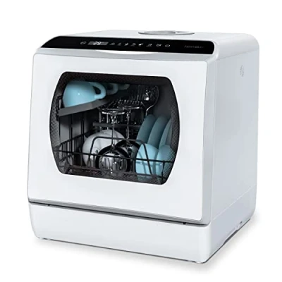 Image of Hermitlux Table Top Dishwasher, Mini Countertop Dishwasher with 4 Place Settings, 5L Built in Water Tank, 6 Programmes, Touch Control, Baby Care and Fruit Wash, White