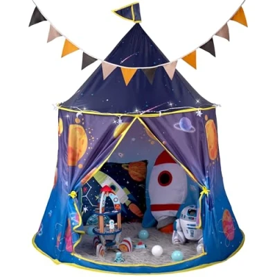 Image of RELSY Kid&#039;s Space Pop Up Tent Blue For Kids With Planets &amp; Stars Includes 3 Metre LED Lights Bunting, Spacious 116x123cm Children&#039;s Play
