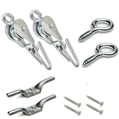 Image of Banner® Washing Line Pulley with Screw Eyes and Cleat Hooks Screws Steel Galvanized (2 x Pulley, 2 Eyes, Hooks)