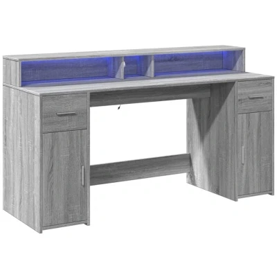 Image of vidaXL Desk with LED Lights, Grey Sonoma Writing Table Engineered Wood Office/Gaming Storage &amp; Adjustable RGB Lighting 160x55x91 cm