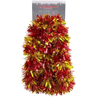 Image of Christmas Concepts® 3m / 9.8ft Chunky/Fine Tinsel Decoration (Red &amp; Gold Striped)