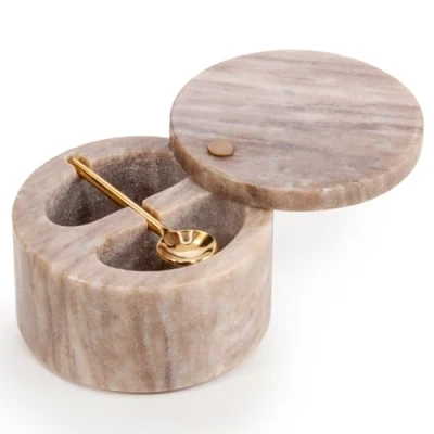 Image of EHC Salt &amp; Pepper Holder, Spice Herbs Container, Marble Pinch Pot with Swivel Magnetic Lid and Serving Spoon, Celler for Dining Table, Storage Bowl Compartment, Bath, Beige