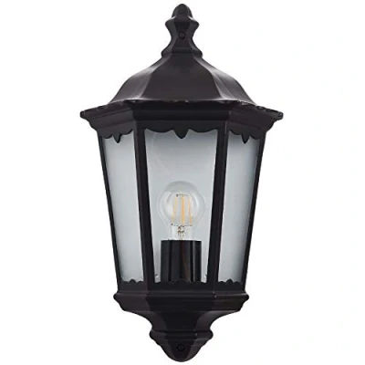 Image of 60W E27 GLS IP44 Rated Outdoor Wall Light Matt Black &amp; Glass Traditional Lantern Moisture Resistant External Pain Design Flush Fitting Home Security Garage Porch Lamp LED Dimmable