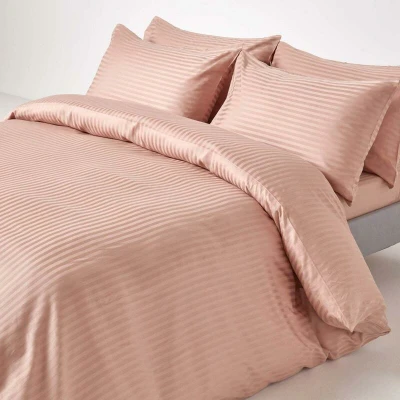 Image of HOMESCAPES Taupe Beige Pure Egyptian Cotton Duvet Cover Set Super King 330 TC 500 Thread Count Equivalent Satin Stripe Quilt 2 Pillowcases Included Bedding