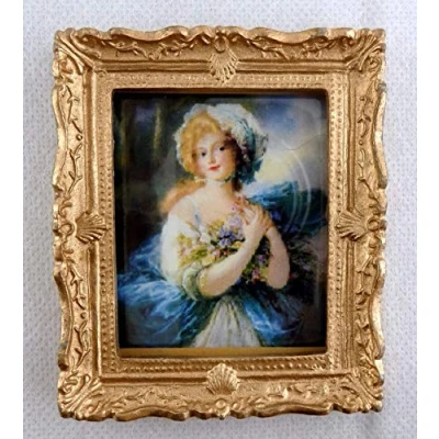Image of Melody Jane Dolls House Miniature Accessory Blue Lady Painting Gold Frame