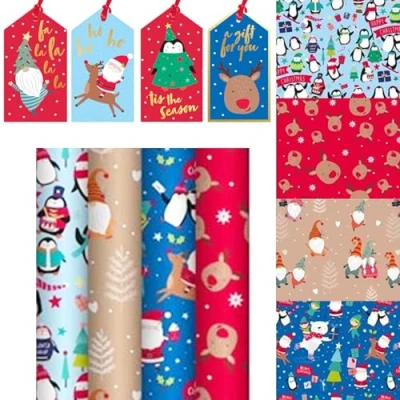 Image of Christmas Wrapping Paper 4 x 4M Rolls Gift Wrap 16 Metres and Matching Tags (Cute Character Design)