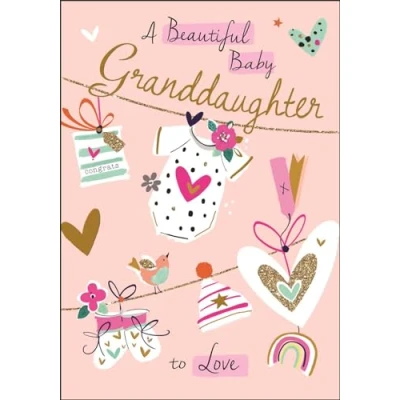 Image of New Baby Granddaughter Congratulations Card Beautiful Clothes and Love Hearts Design Special Finishes Illustrated Insert Leaf Made in the UK