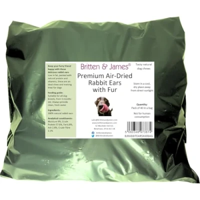 Image of Britten and James 40 Airdried Rabbit Ears with Hair for Dogs. Natural Healthy Tasty Dog Treat Chews in a bag. Refill bag B09NYGM5G9