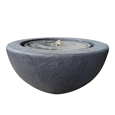 Image of allpondsolutions Bowl Stone Water Feature with LED Light Dark Grey Modern Garden Fountain Feature, Outdoor, Self Contained 50.5 x 24.5cm
