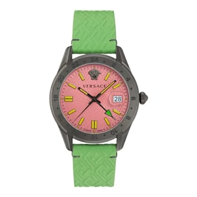 Image of Versace Greca Time Gmt Mens Green Watch VE7C00323 Leather (archived) One Size