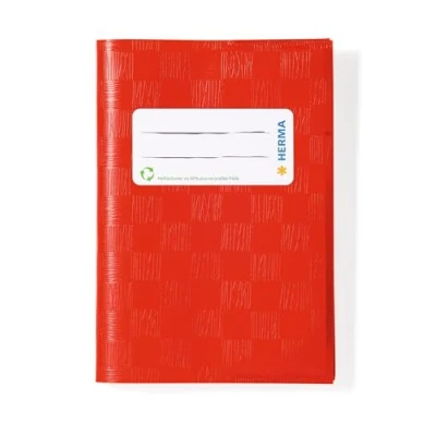 Image of HERMA Exercise Book cover A6 portrait, with inscription label, made of wipeable and sturdy plastic, slip on jackets for school, red
