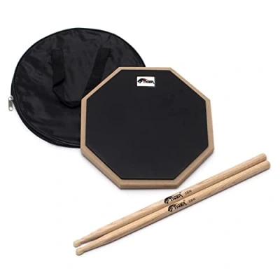 Image of TIGER TDA410 5B 10&quot; Drum Practice Pad with Hickory Drumsticks Desktop or Stand Mountable, Black