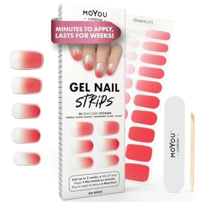 Image of MOYOU LONDON Semi Cured Gel Nail Strips 20 Pcs. Wraps for Salon Quality Manicure Works with Any UV Lamp Easy to Apply, Trim, &amp; Remove Stickers