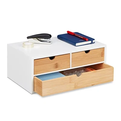 Image of Relaxdays Desk Organiser, 60% bamboo 40% fibreboard, White/Natural, 14 x 33 21 cm