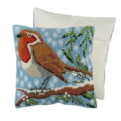 Image of Trimits Cross Stitch Cushion Kit, Back Included, Pre Printed Canvas, Yarn and Needle 40 x 40cm (15.75 15.75in), Robin, GCS70, 15.75)