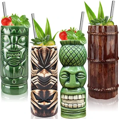 Image of Tiki Glasses bar Accessories Set of 4 Mugs Large Tumblers Ceramic Cocktail Glass Hawaiian Luau Party Drinkware, Cute Exotic for