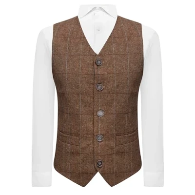 Image of King &amp; Priory Luxury Herringbone Brown Tweed Waistcoat, Slim Fit (L)
