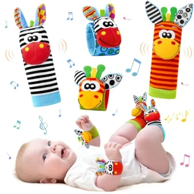 Image of Baby Wrist Rattle &amp; Foot Finders Set, Soft Toy Newborn Sensory Toys Cute Animal Development Gift with for Babies 0 6 Months