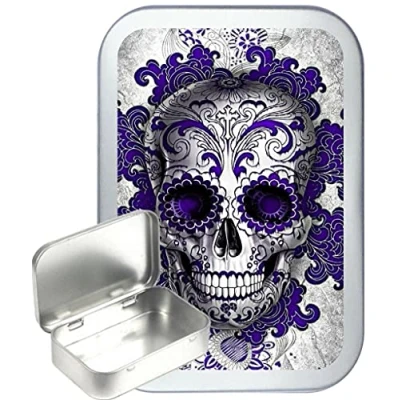 Image of TEEZ Purple Candy Skull 50ml Silver Hinged tin, Pocket Pill Box, Gift Box,Tobacco tin