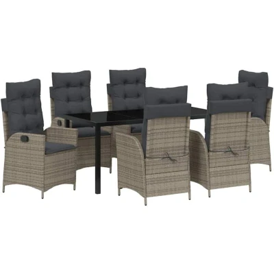 Image of vidaXL 7 Piece Garden Dining Set with Cushions Grey Poly Rattan