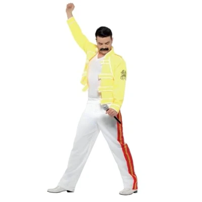 Image of Smiffys Queen Freddie Mercury Costume, Yellow with Jacket &amp; Trousers, Officially Licensed Fancy Dress, Adult Dress Up Costumes