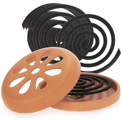Image of com four® 6x anti mosquito spiral with 1x terracotta container top lemon scent and incense holder made of clay ring outdoor pot (1x + spiral)