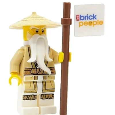 Image of Lego Ninjago: Sensei Wu Minifigure with Tan Robes Battle Staff and Braided Ponytail