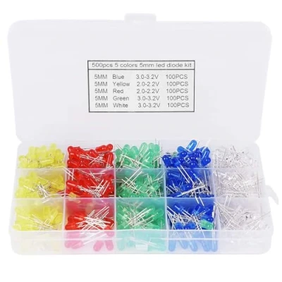 Image of 500pcs 5mm 2pin LED Light Emitting Diodes Round Head Lamp Resistor Assorted Kit,DIY, Lamps,(5 colors x 100pcs)
