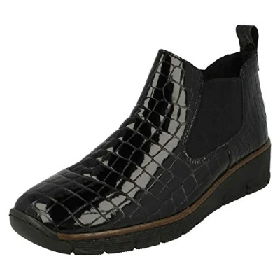 Image of Rieker Eria Womens Leather Slip On Wedge Heel Chelsea Boots 4/37 Black Croc Patent