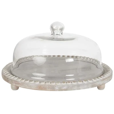 Image of Cake Stand Tray with Glass Lid Covered Pastry Holder Display Cloche Serving Dome Light Mango Wood Dendera