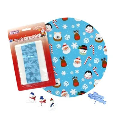 Image of Culpitt Snowman Christmas Cake Kit, 10&quot; Festive Board, Silver Frill, and Toppers Including Snowmen Blue Merry Plaque 6 Piece Set