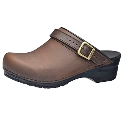Image of Sanita Morse Mule Clog Original Handmade Flexible Leather for Women Anatomical Shaped Footbed with Soft Foam Heel Strap Dark Brown 6 UK