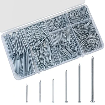 Image of 700 Pcs Assorted Nails, Masonry Nails Zinc Plated, 6 Sizes Wall for Wood,Short &amp; Long Flat Head Headless Iron Hanging Picture Frame Mirror Woodworking Repair DIY