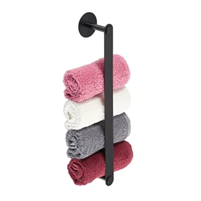 Image of Relaxdays Towel Storage Rail for Bathroom, Stainless Steel, 40.5 cm, Without Drilling, Self Adhesive to The Wall, Black, 70% 30% Aluminium