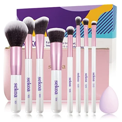 Image of Professional Makeup Brush Set, 8 Piece Vegan Make up Set with Cometic Case &amp; Blending Sponge