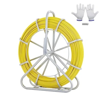 Image of VEVOR Fish Tape Fiberglass, 425 ft, 1/4 inch, Duct Rodder Fishtape Wire Puller, Cable Running Rod with Steel Reel Stand, 3 Pulling Heads, Fishing Tools for Walls and Electrical Conduit, Non Conductive